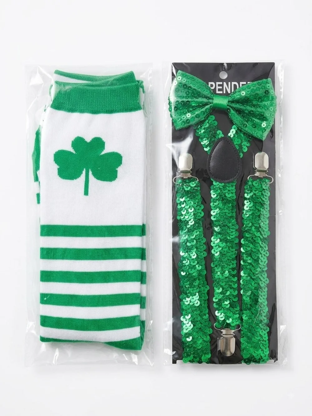 Green Shamrock Socks & Sequin Bow Tie Suspenders Set - Party Accessories NWT